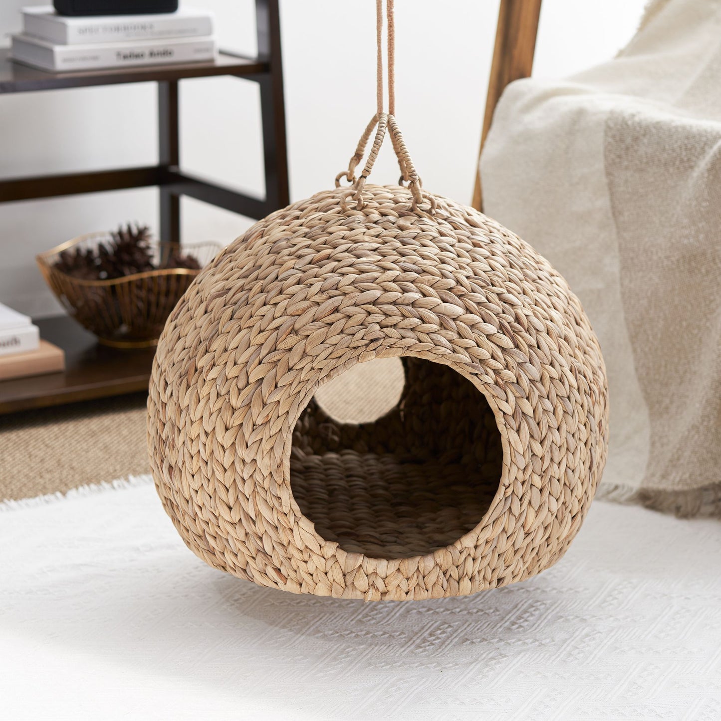 Gertrude Water Hyacinth Round Cat Bed Cave with Handles