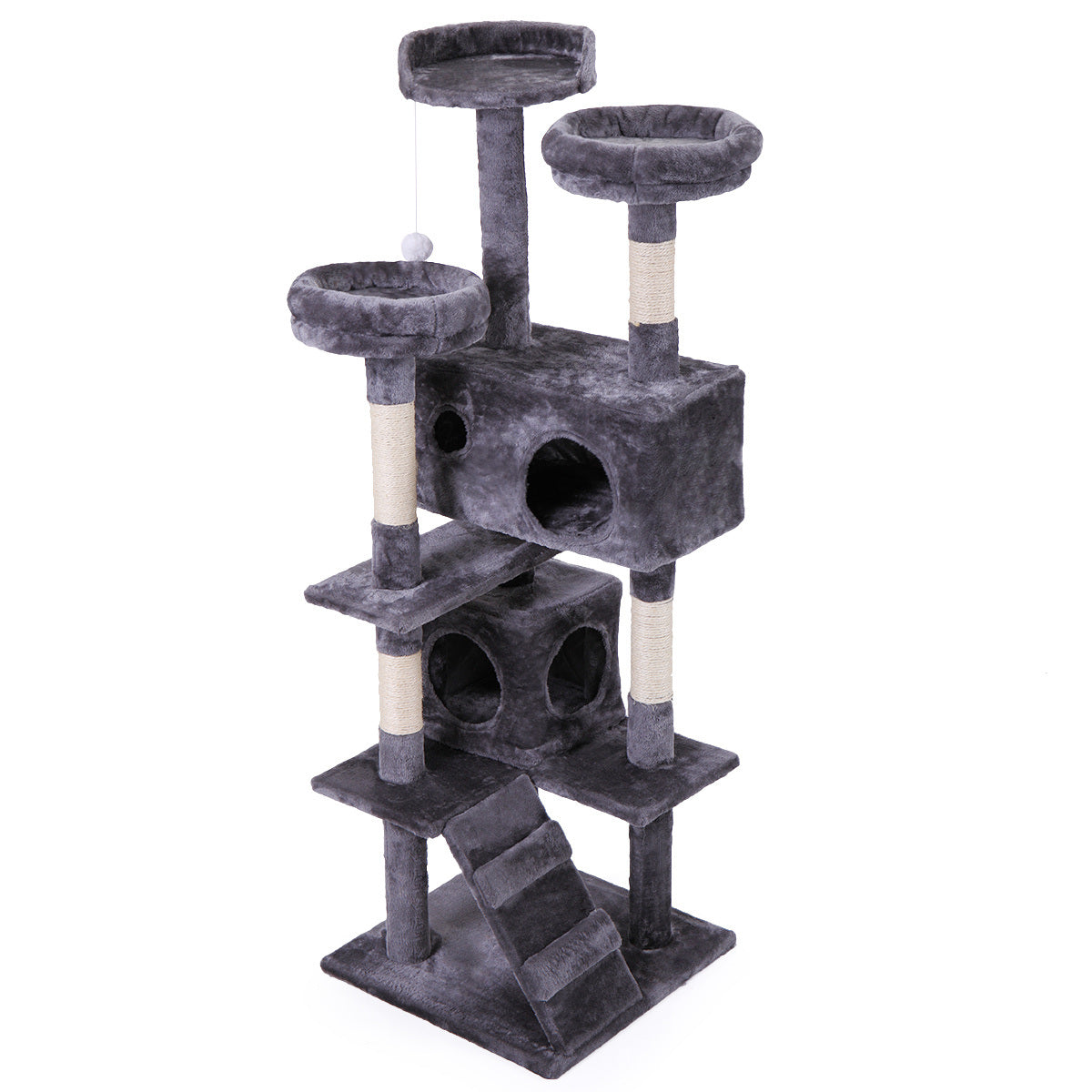 Cat Tree Tower with Scratching Ball, Plush Cushion, Ladder & Condos