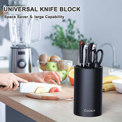 Knife Block Holder, Cookit Universal Knife Block without Knives, Unique Double-Layer Wavy Design, Round Black Knife Holder for Kitchen, Space Saver Knife Storage with Scissors Slot