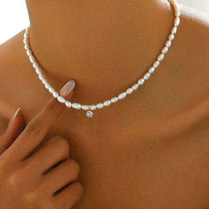 Freshwater Pearl Choker Necklace with Diamond Pendant for Women