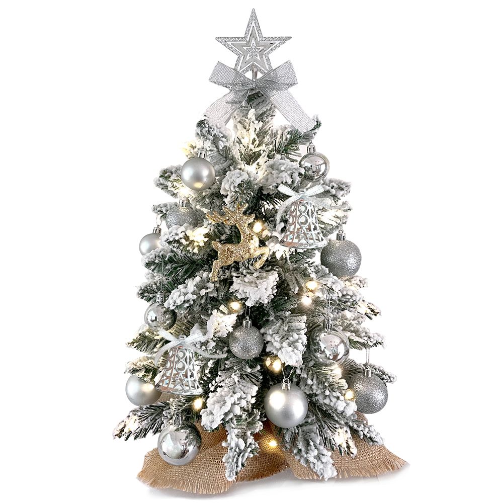 Mini Christmas Tree with Lights and Flocked Snow - Silver