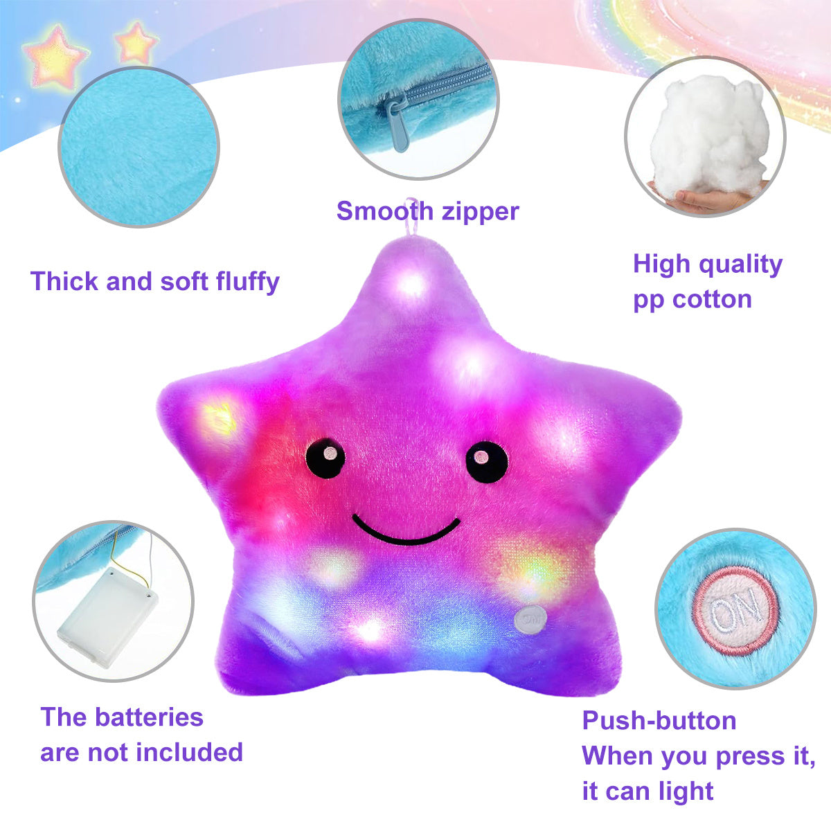 Twinkle Star Plush Pillow, LED Night Light Glowing Cushions, Creative Stuffed Toys Birthday Christmas Gifts for Kids Toddlers, Purple