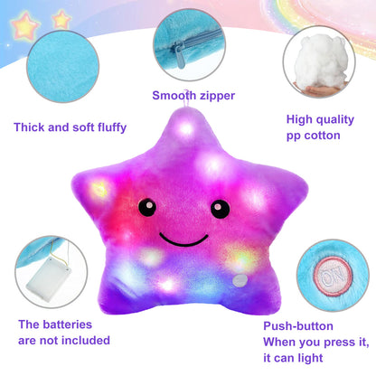 Twinkle Star Plush Pillow, LED Night Light Glowing Cushions, Creative Stuffed Toys Birthday Christmas Gifts for Kids Toddlers, Purple