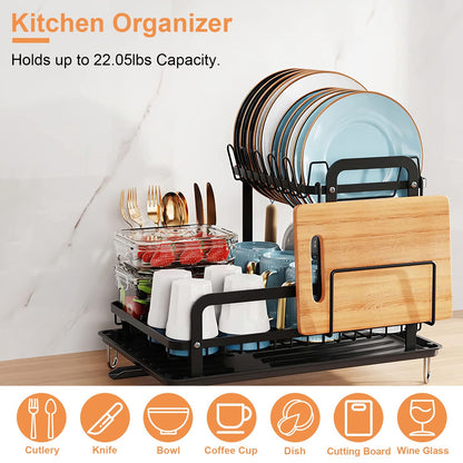 2-Tier Dish Drying Rack with Drainboard & Detachable Organizer