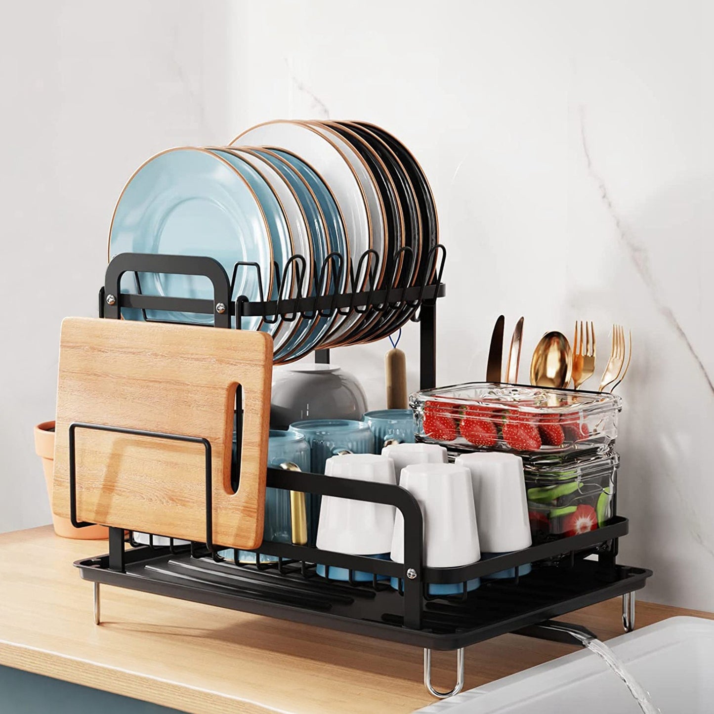 2-Tier Dish Drying Rack with Drainboard & Detachable Organizer