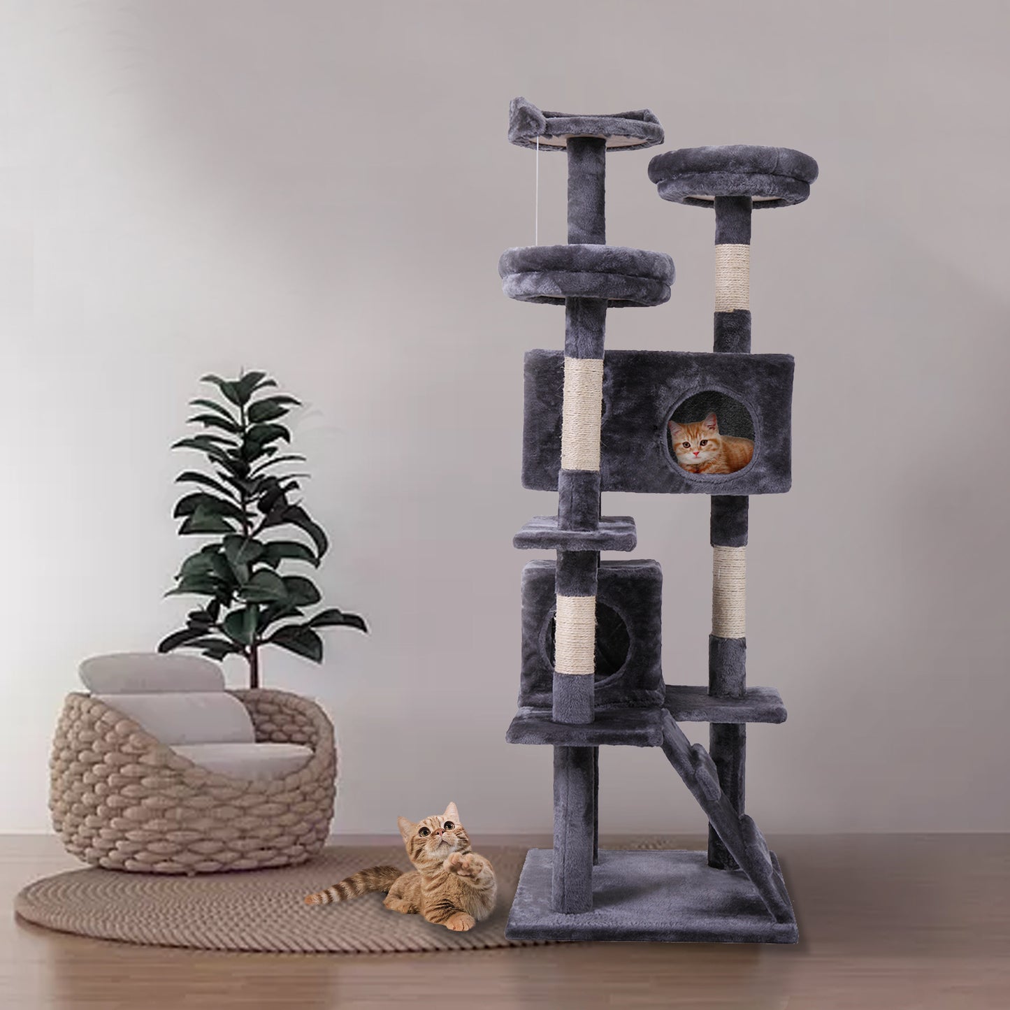 Cat Tree Tower with Scratching Ball, Plush Cushion, Ladder & Condos