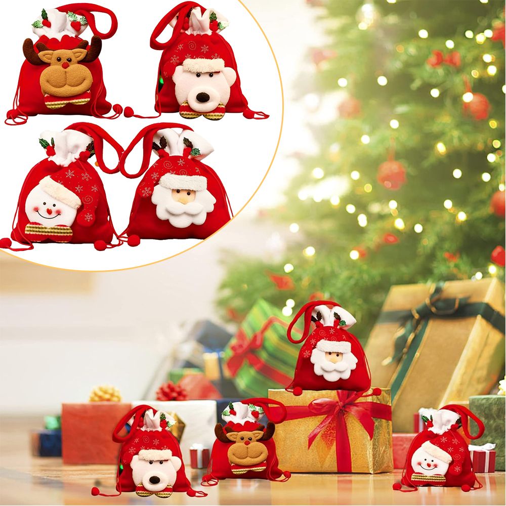 4 pcs Christmas Drawstring Bags – 3D Santa & Reindeer Gift Bags