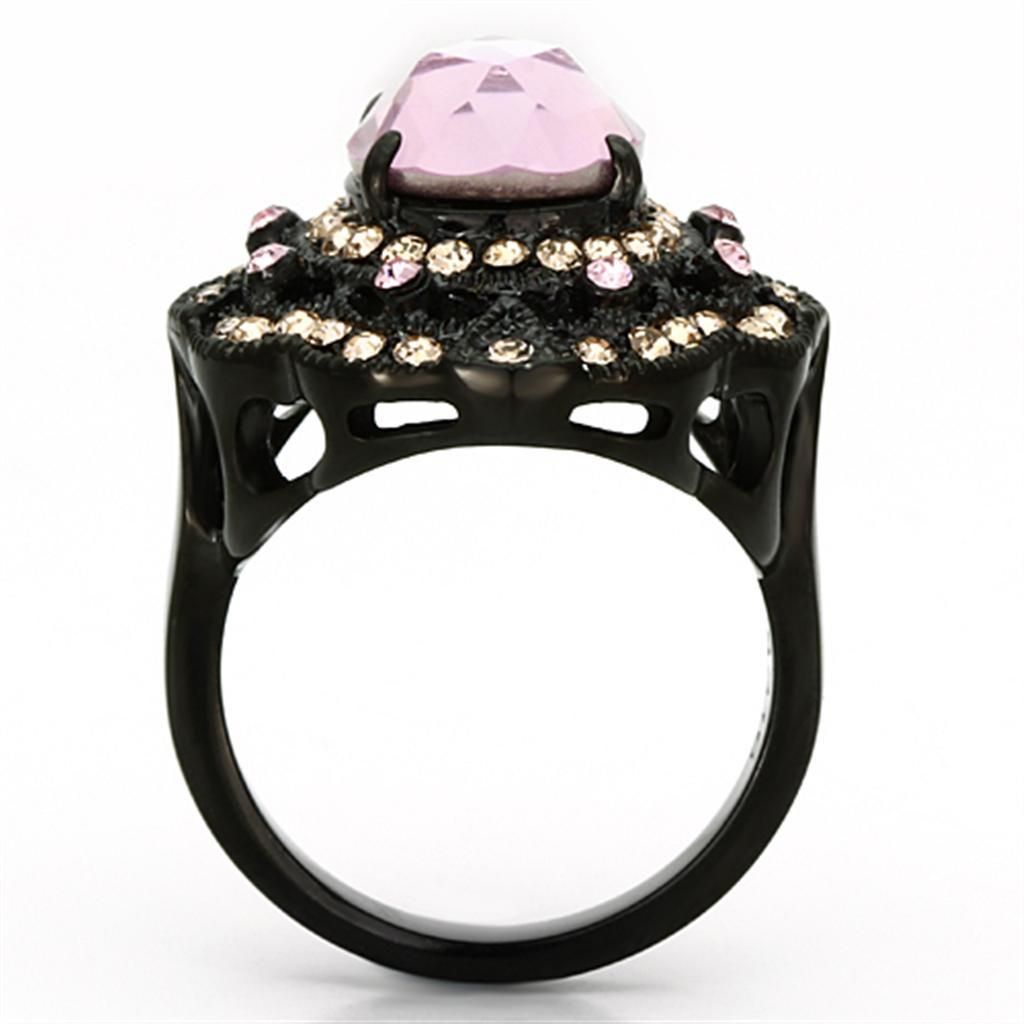 IP Black Stainless Steel Ring with Light Rose Crystal