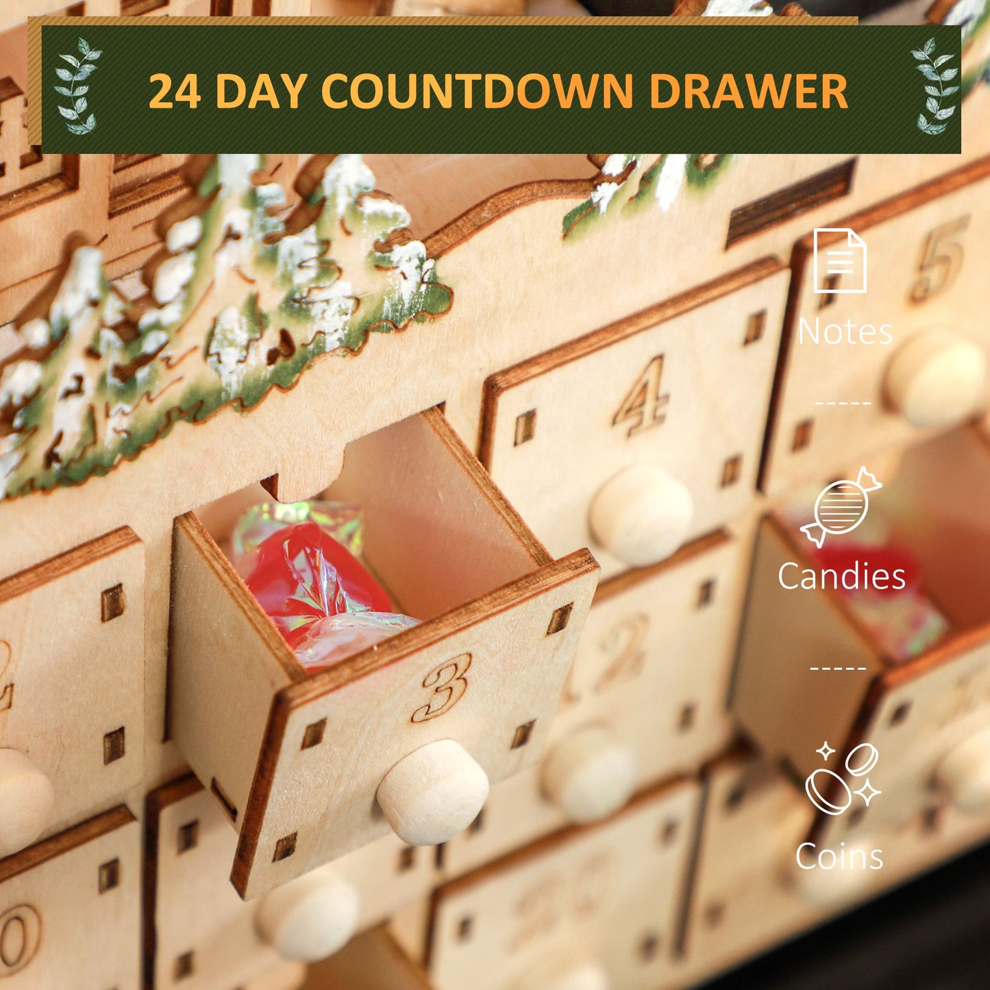 Christmas Advent Calendar with LED Lights, Wooden Holiday Decoration, 24 Countdown Drawers, Battery Operated