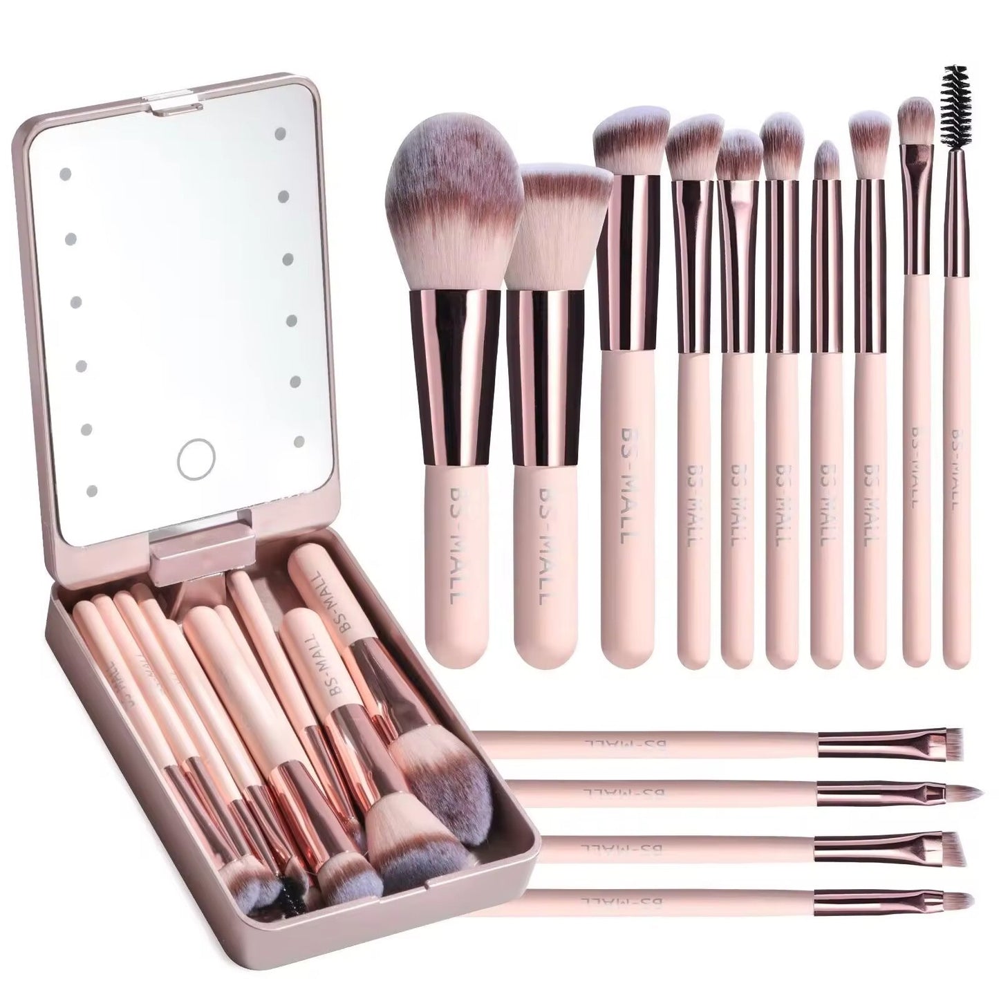 14 pcs Travel Makeup Brush Set with LED Light Mirror