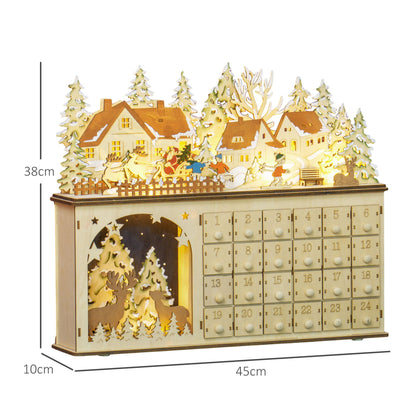 Christmas Advent Calendar with LED Lights, Wooden Holiday Decoration, 24 Countdown Drawers, Battery Operated