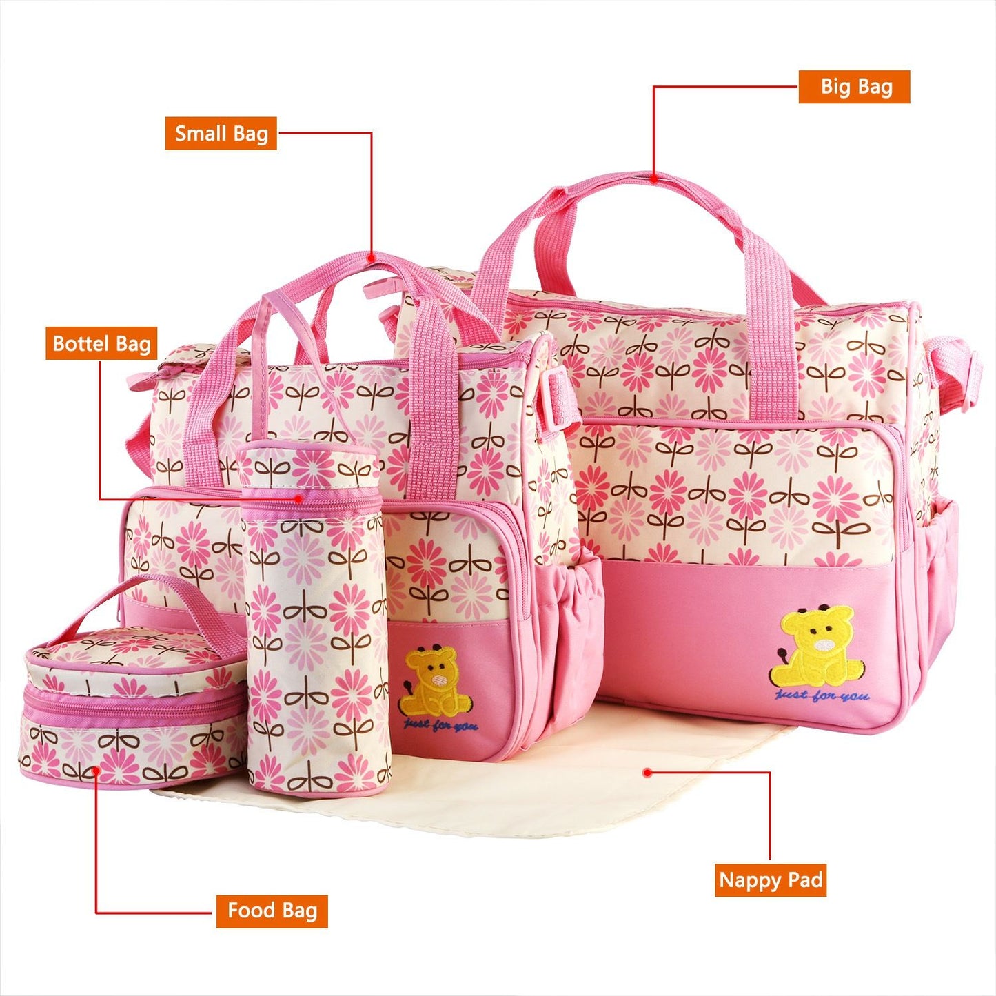 5PCS Baby Diaper Bag Set with Changing Pad & Insulated Pockets