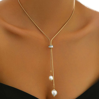 Gold Pearl Pendant Necklace with Adjustable Length for Women