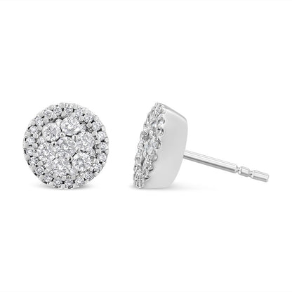 14K White Gold Diamond Halo Button Stud Earrings 1.0 Cttw