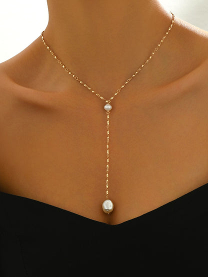 Elegant Gold-Tone Pearl Drop Necklace