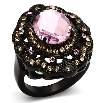 IP Black Stainless Steel Ring with Light Rose Crystal