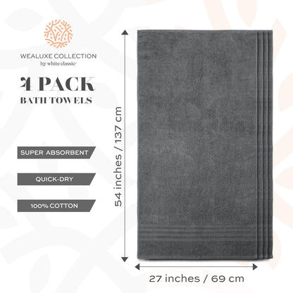 Grey Bath Towels Set of 4 Cotton Body Towel for Hotel Gym Spa Soft Extra Absorbent Quick Dry Towels for Bathroom 27x54 Inch