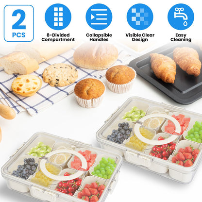 Divided Serving Tray 8 Compartments Snack Box Charcuterie Container Clear Snack Platter Organizer Storage Box with Lid Handle for Candy Nuts Cookies Fruit Snacks Party Wedding