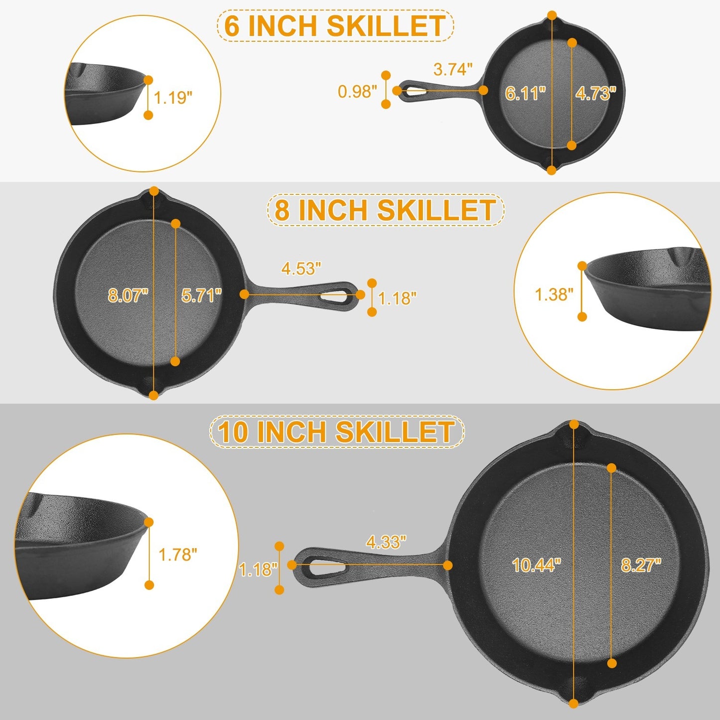 3 Pcs Pre-Seasoned Cast Iron Skillet Set – Durable & Versatile Cookware