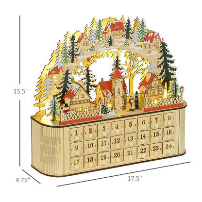 Christmas Advent Calendar with LED Lights, Wooden Holiday Decoration, 24 Countdown Drawers, Battery Operated