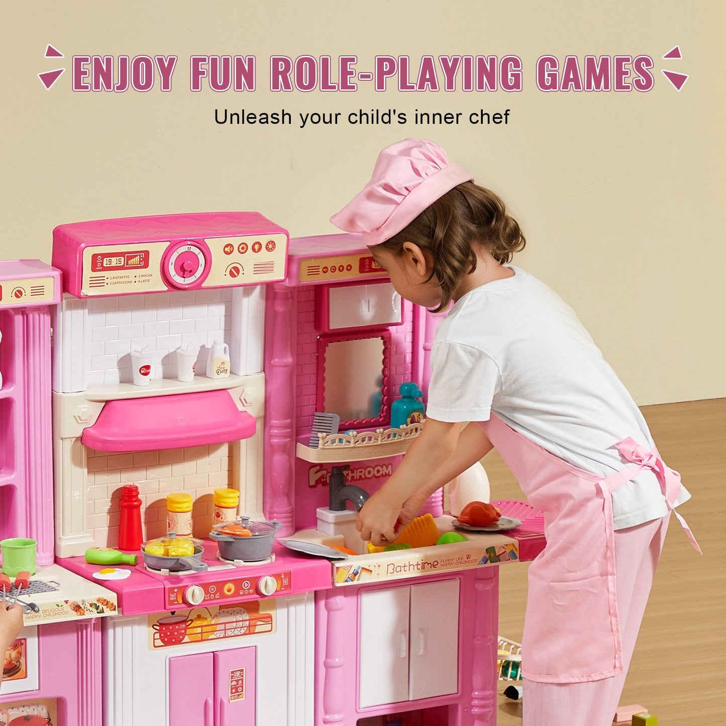 VEVOR Kitchen Playset Kids Pretend Cooking Play Toy 74 Piece Accessories Pink