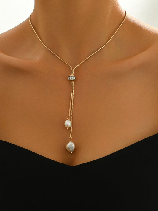 Gold Pearl Pendant Necklace with Adjustable Length for Women