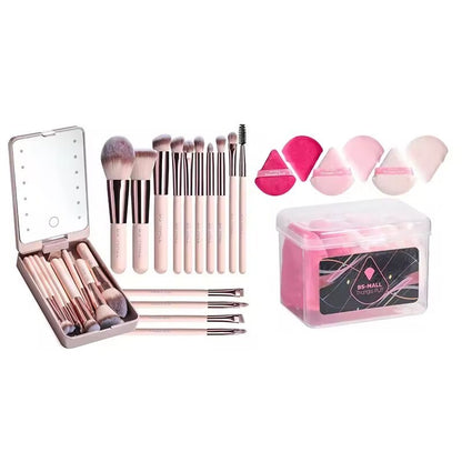 14 pcs Professional Makeup Brush Set with LED Mirror Case & Triangle Powder Puffs