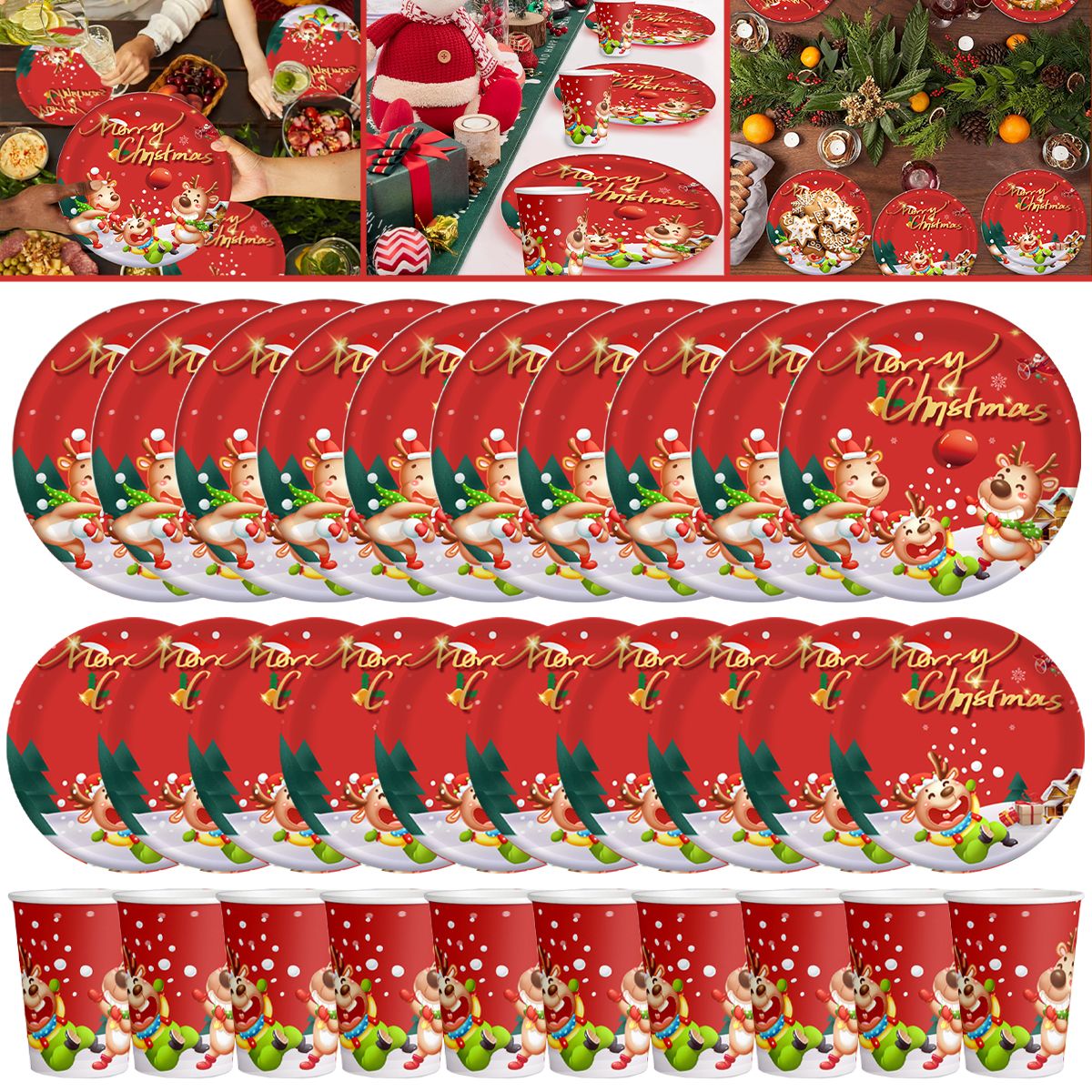 30Pcs Christmas Party Tableware Set - Elk & Claus Paper Plates and Cups for Holiday Dinner