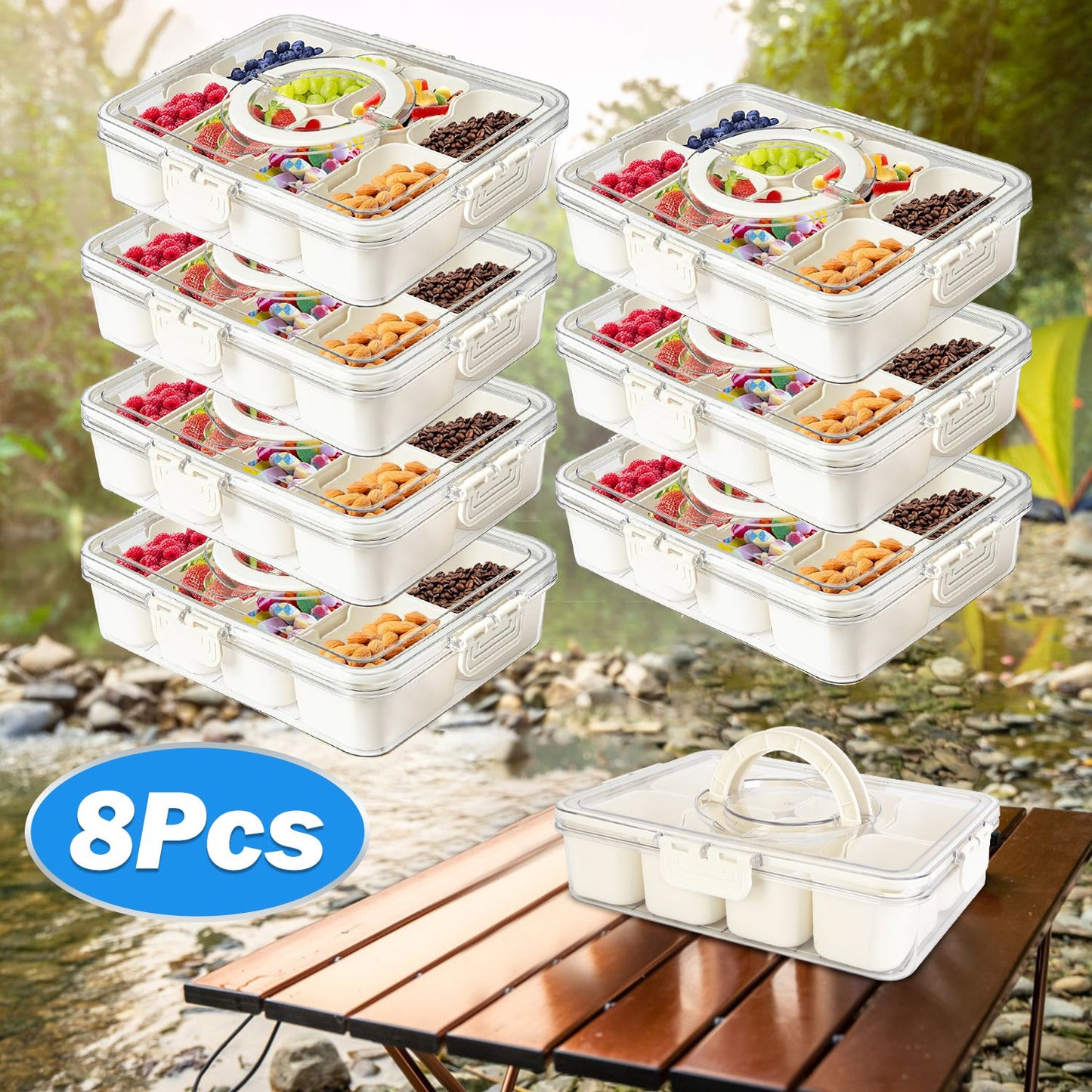 Divided Serving Tray 8 Compartments Snack Box Charcuterie Container Clear Snack Platter Organizer Storage Box with Lid Handle for Candy Nuts Cookies Fruit Snacks Party Wedding