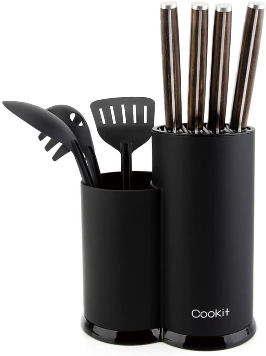 Knife Block Holder, Cookit Universal Knife Block without Knives, Unique Double-Layer Wavy Design, Round Black Knife Holder for Kitchen, Space Saver Knife Storage with Scissors Slot