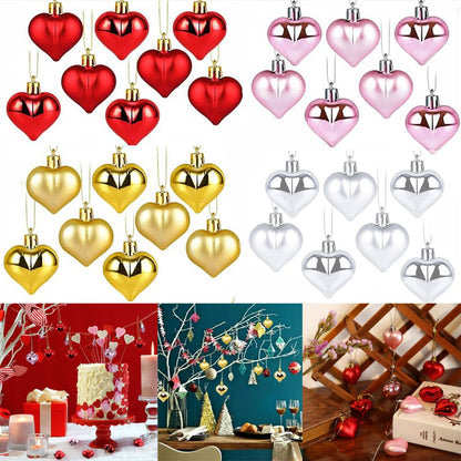 12PCS Christmas Heart Ornaments Gold Red Pink Silver Hanging Pendants