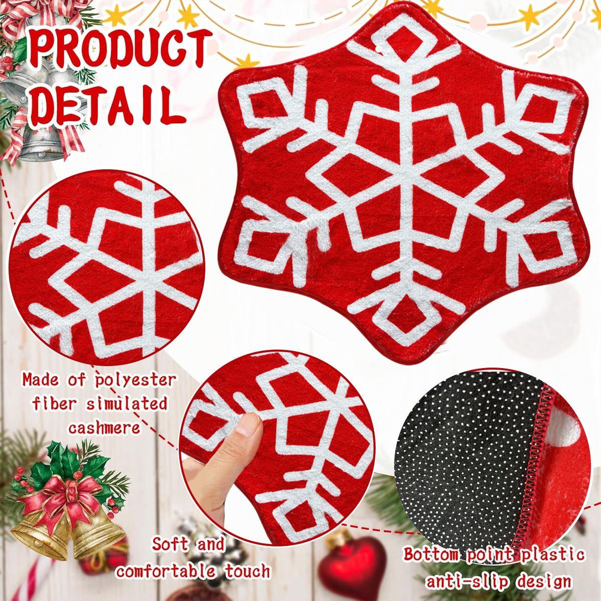 Winter Snowflake Bathroom Rug Non-Slip Washable Bath Mat Red Snowflake Doormat Xmas Holiday Decor