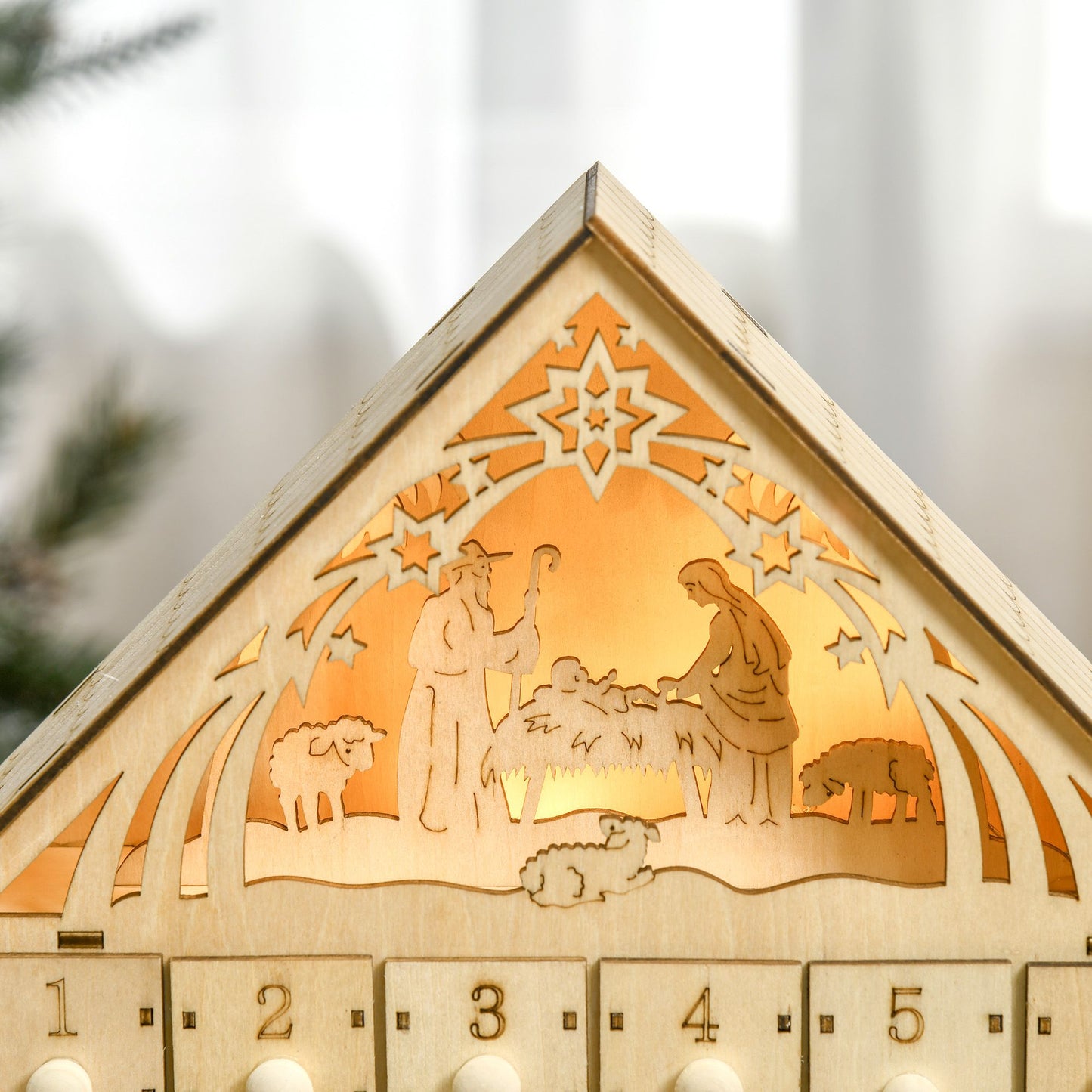 Christmas Advent Calendar with LED Lights, Wooden Holiday Decoration, 24 Countdown Drawers, Battery Operated