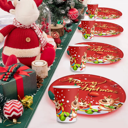 30Pcs Christmas Party Tableware Set - Elk & Claus Paper Plates and Cups for Holiday Dinner