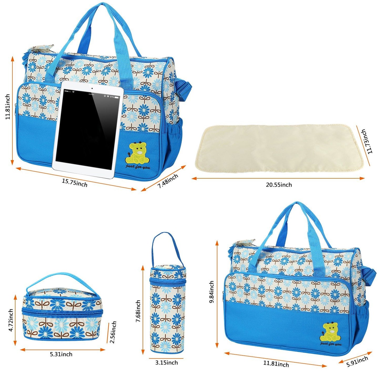 5PCS Baby Diaper Bag Set with Changing Pad & Insulated Pockets