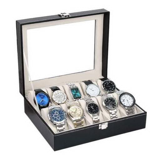 10-Compartment Leather Watch Storage Box - Black