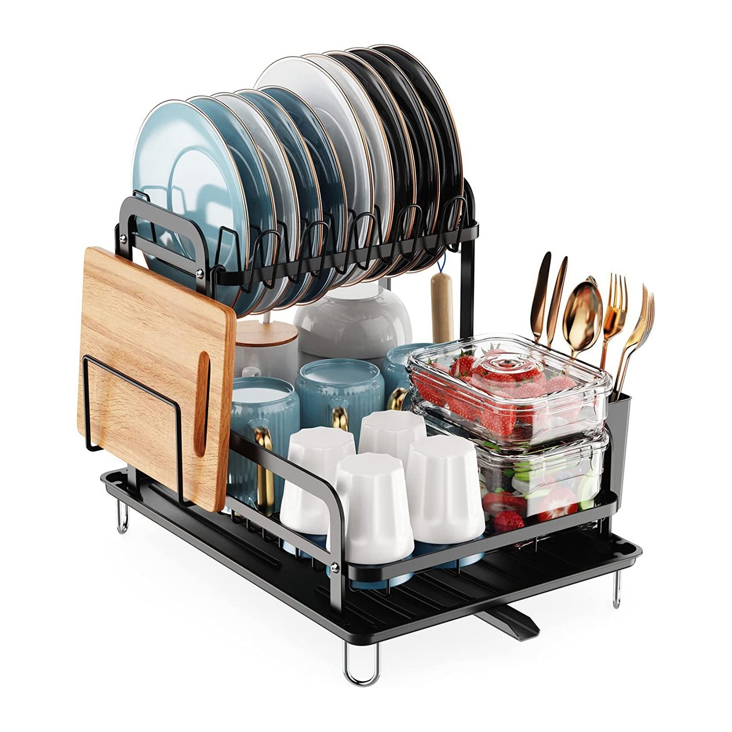 2-Tier Dish Drying Rack with Drainboard & Detachable Organizer