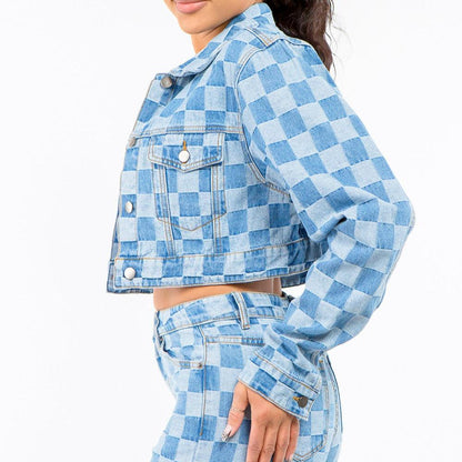 American Bazi Checkered Long Sleeve Cropped Denim Jacket