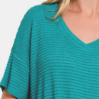 Zenana Drop Shoulder Short Sleeve Jacquard Knit Top