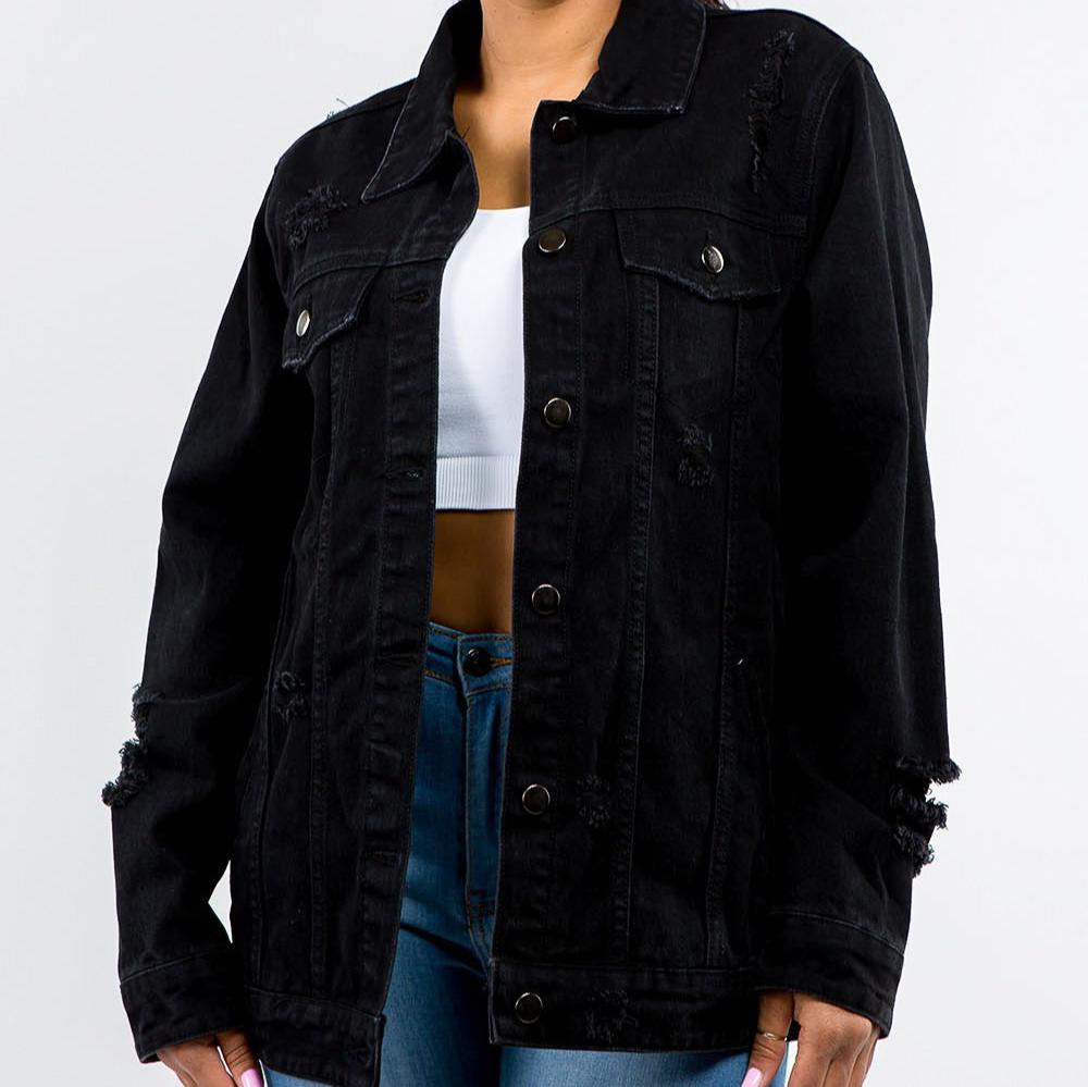 American Bazi Full Size Button Up Distressed Denim Jacket