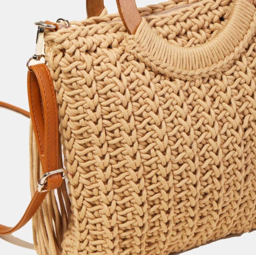 Fame Crochet Knit Convertible Tote Bag with Tassel